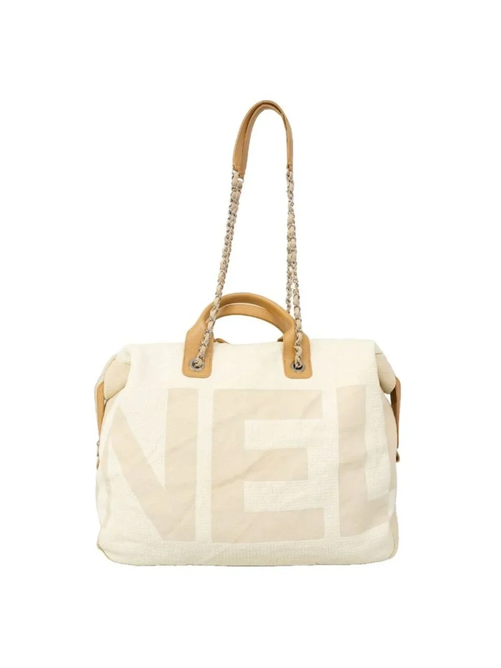 Chanel Handbag Deauville Canvas Ivory Beige Silver 2-Way Back